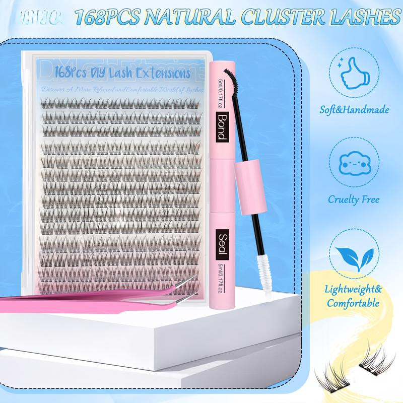 Natural Lash Clusters Kit Wispy Lash Extension Kit Thin Band Cluster Eyelash Extension Kit 168Pcs C Curl 9-12Mm Individual Lashes with Lash Glue Bond and Seal Self Application at Home Keyyou Diy Lash Cluster Tiktok Shop Lashclusters Makeup Cosmetic