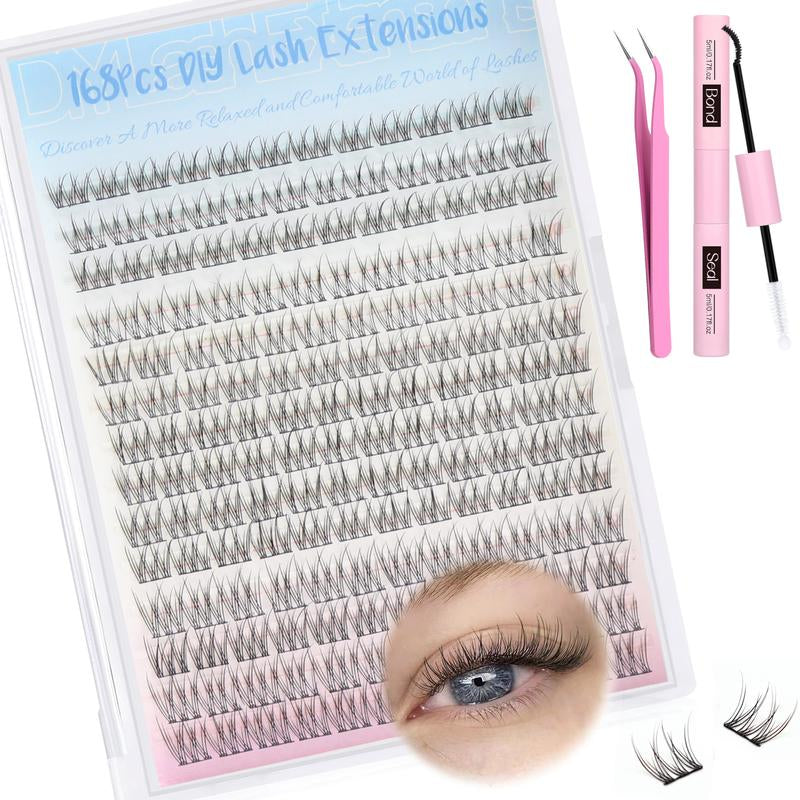 Natural Lash Clusters Kit Wispy Lash Extension Kit Thin Band Cluster Eyelash Extension Kit 168Pcs C Curl 9-12Mm Individual Lashes with Lash Glue Bond and Seal Self Application at Home Keyyou Diy Lash Cluster Tiktok Shop Lashclusters Makeup Cosmetic