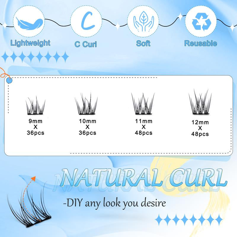 Natural Lash Clusters Kit Wispy Lash Extension Kit Thin Band Cluster Eyelash Extension Kit 168Pcs C Curl 9-12Mm Individual Lashes with Lash Glue Bond and Seal Self Application at Home Keyyou Diy Lash Cluster Tiktok Shop Lashclusters Makeup Cosmetic