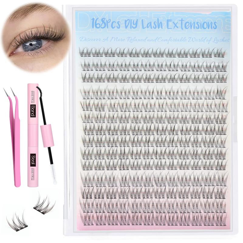 Natural Lash Clusters Kit Wispy Lash Extension Kit Thin Band Cluster Eyelash Extension Kit 168Pcs C Curl 9-12Mm Individual Lashes with Lash Glue Bond and Seal Self Application at Home Keyyou Diy Lash Cluster Tiktok Shop Lashclusters Makeup Cosmetic