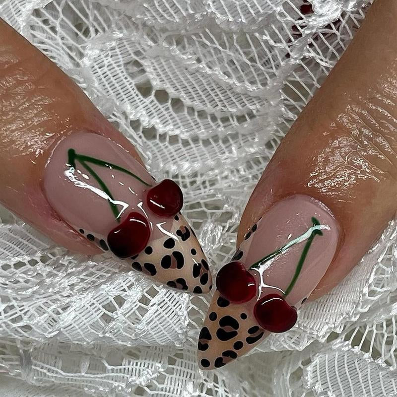 Helennails - Flower & Cherry Press-On Nails | Hand-Painted Tortoise Shell Stiletto Nails | Luxury Custom Nail Set for Elegant Looks - HL138