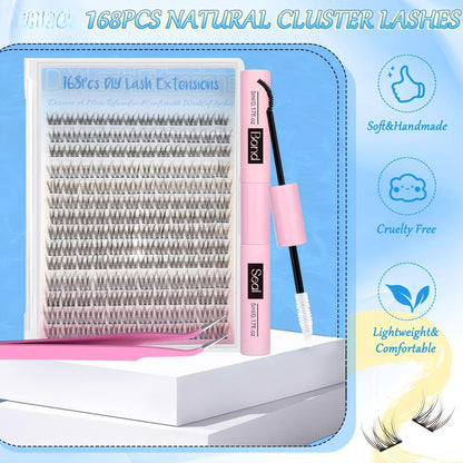 Natural Lash Clusters Kit Wispy Lash Extension Kit Thin Band Cluster Eyelash Extension Kit 168Pcs C Curl 9-12Mm Individual Lashes with Lash Glue Bond and Seal Self Application at Home Keyyou Diy Lash Cluster Tiktok Shop Lashclusters Makeup Cosmetic