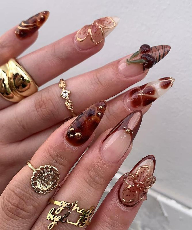 Helennails - Flower & Cherry Press-On Nails | Hand-Painted Tortoise Shell Stiletto Nails | Luxury Custom Nail Set for Elegant Looks - HL138