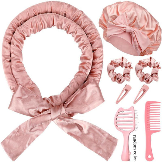 Satin Heatless Curls Overnight with Double Layer Large Satin Sleep Bonnet & Styling Brush, 65" No Heat Hair Curlers Headband for Long Hair, 8 PCS Curling Rod Set Haircare Gift for Women-Pink, Create Natural Waves without Curling Iron