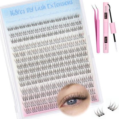 Natural Lash Clusters Kit Wispy Lash Extension Kit Thin Band Cluster Eyelash Extension Kit 168Pcs C Curl 9-12Mm Individual Lashes with Lash Glue Bond and Seal Self Application at Home Keyyou Diy Lash Cluster Tiktok Shop Lashclusters Makeup Cosmetic