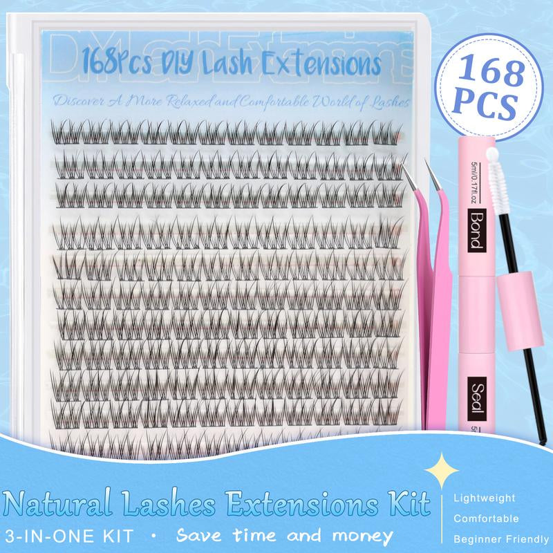 Natural Lash Clusters Kit Wispy Lash Extension Kit Thin Band Cluster Eyelash Extension Kit 168Pcs C Curl 9-12Mm Individual Lashes with Lash Glue Bond and Seal Self Application at Home Keyyou Diy Lash Cluster Tiktok Shop Lashclusters Makeup Cosmetic