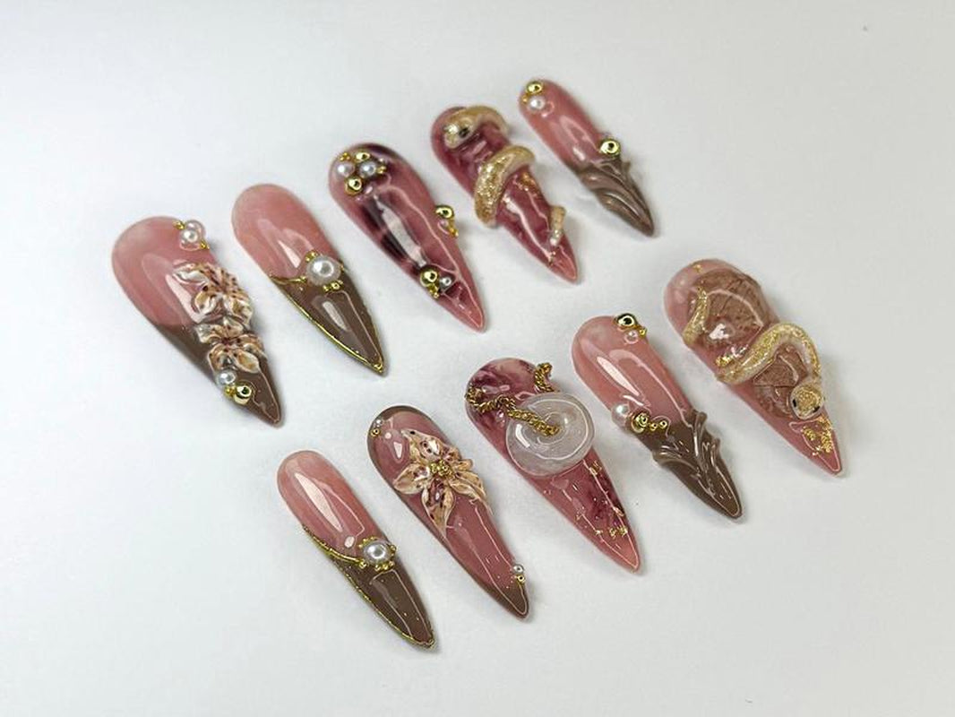 Helennails - Luxury Snake & Dark Floral Press on Nails | 3D Gold Accent Handmade Gothic Nail Art | Unique Statement Nails - HL114
