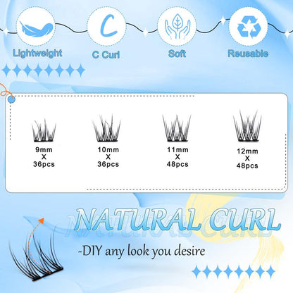 Natural Lash Clusters Kit Wispy Lash Extension Kit Thin Band Cluster Eyelash Extension Kit 168Pcs C Curl 9-12Mm Individual Lashes with Lash Glue Bond and Seal Self Application at Home Keyyou Diy Lash Cluster Tiktok Shop Lashclusters Makeup Cosmetic