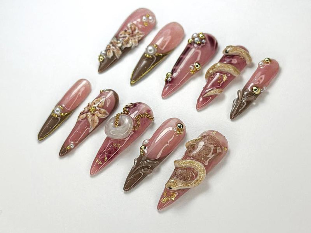 Helennails - Luxury Snake & Dark Floral Press on Nails | 3D Gold Accent Handmade Gothic Nail Art | Unique Statement Nails - HL114
