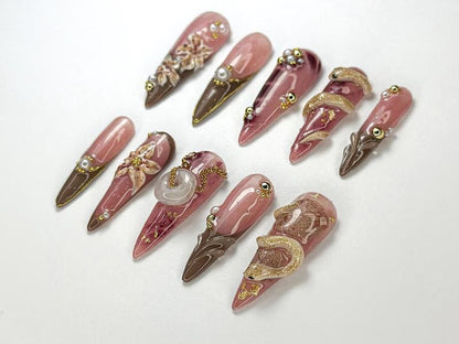 Helennails - Luxury Snake & Dark Floral Press on Nails | 3D Gold Accent Handmade Gothic Nail Art | Unique Statement Nails - HL114