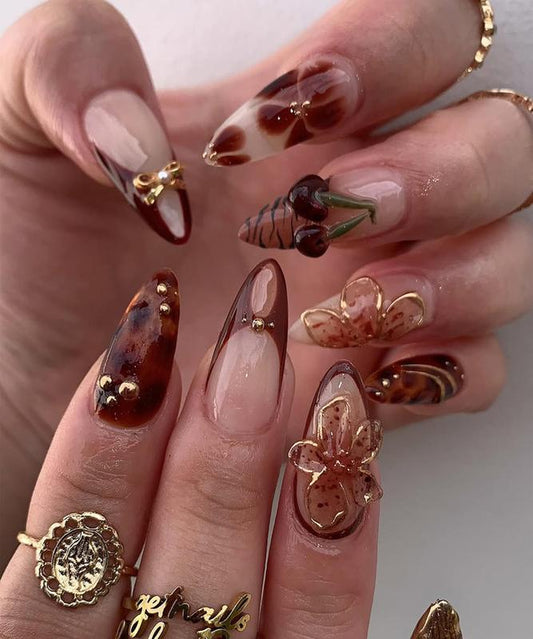 Helennails - Flower & Cherry Press-On Nails | Hand-Painted Tortoise Shell Stiletto Nails | Luxury Custom Nail Set for Elegant Looks - HL138