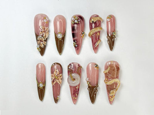 Helennails - Luxury Snake & Dark Floral Press on Nails | 3D Gold Accent Handmade Gothic Nail Art | Unique Statement Nails - HL114